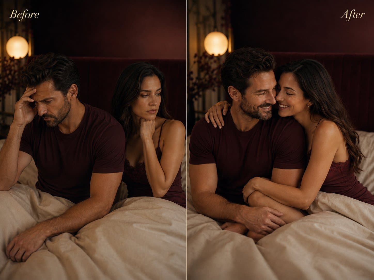 A couple reconnecting — from distant to close and confident